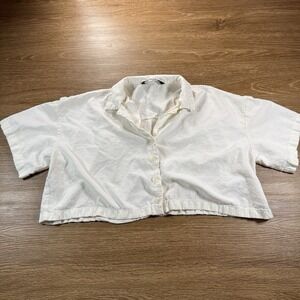 ZARA Women's XS Cream Linen Blend Cropped Button Up Short Sleeve Shirt Boxy Fit